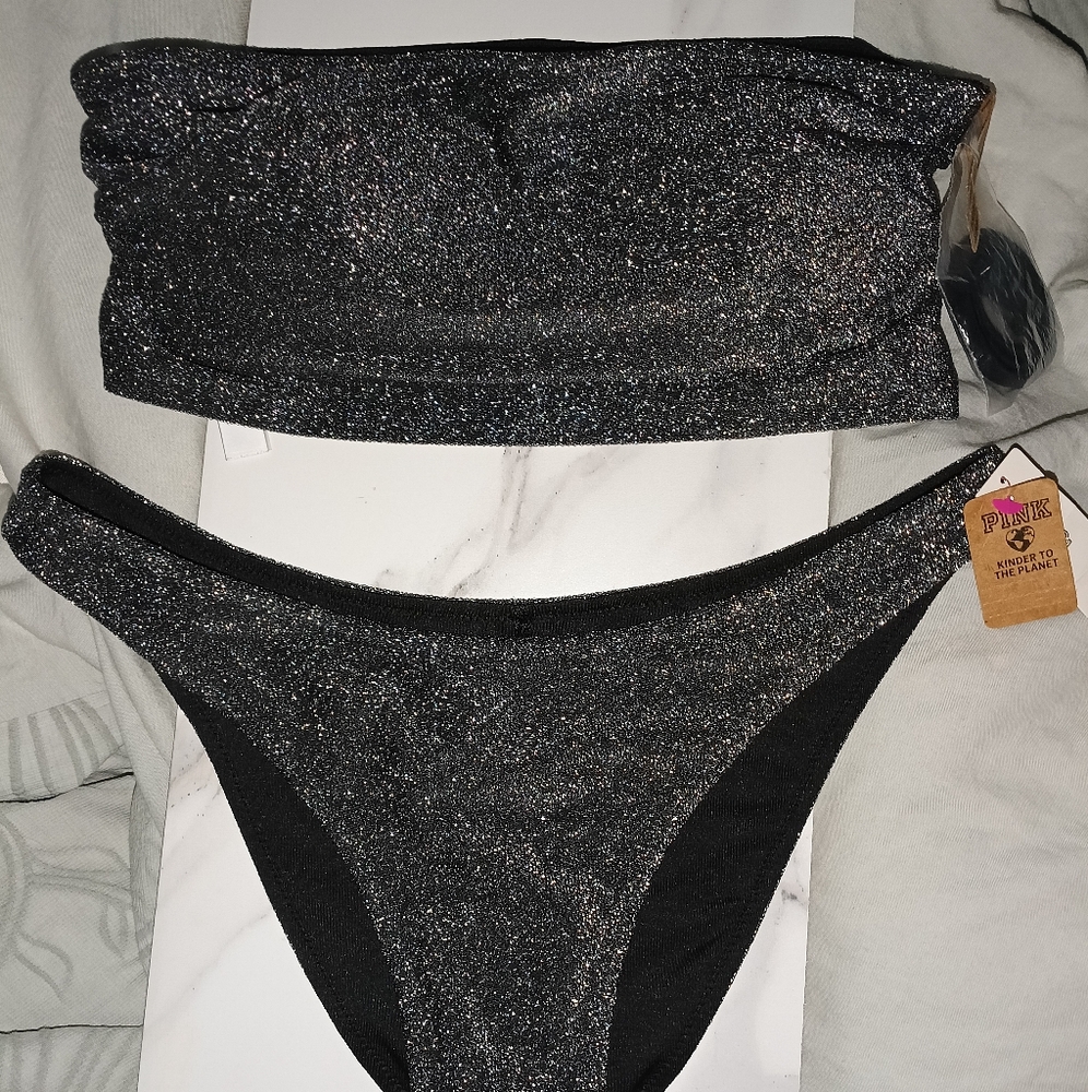 New Victoria Secret Pink Bikini Size Small X Small Black Silver